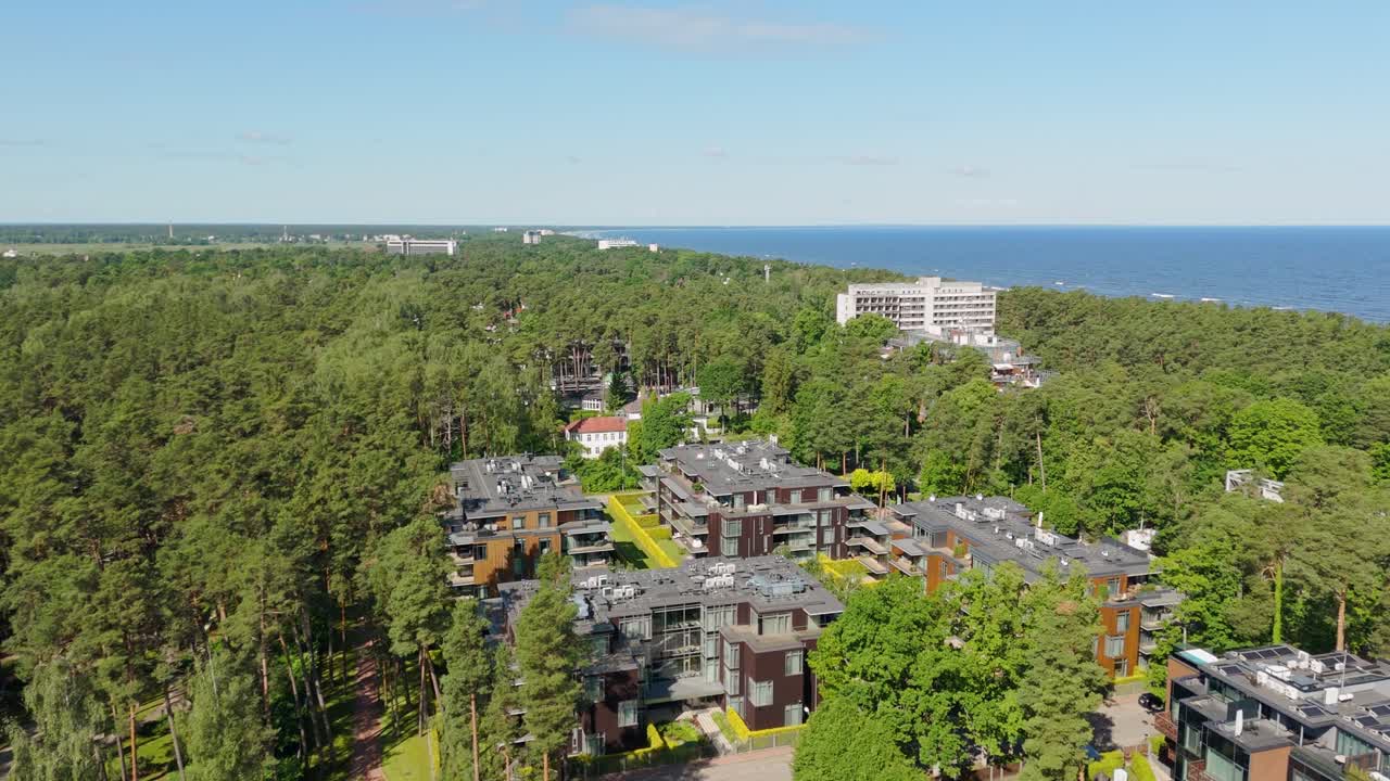 Aerial view of Jurmala beach and forest in Latvia on a sunny day