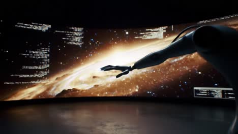 a captivating visual journey through the cosmos enhanced by technology: exploring the interaction of a robotic arm with the expansive wonders of the galactic universe