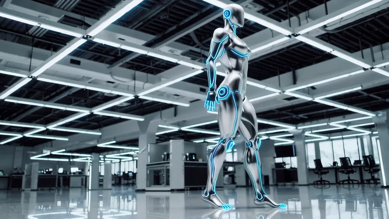 Futuristic Robot Walking in a Modern Facility