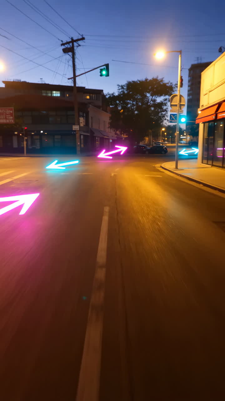 Futuristic Glowing Arrows Guiding Through City Streets at Night