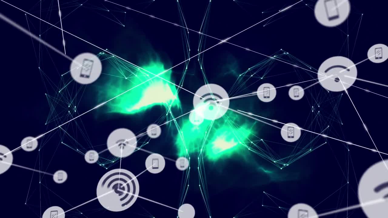 Animation of network of connections with icons over glowing spots