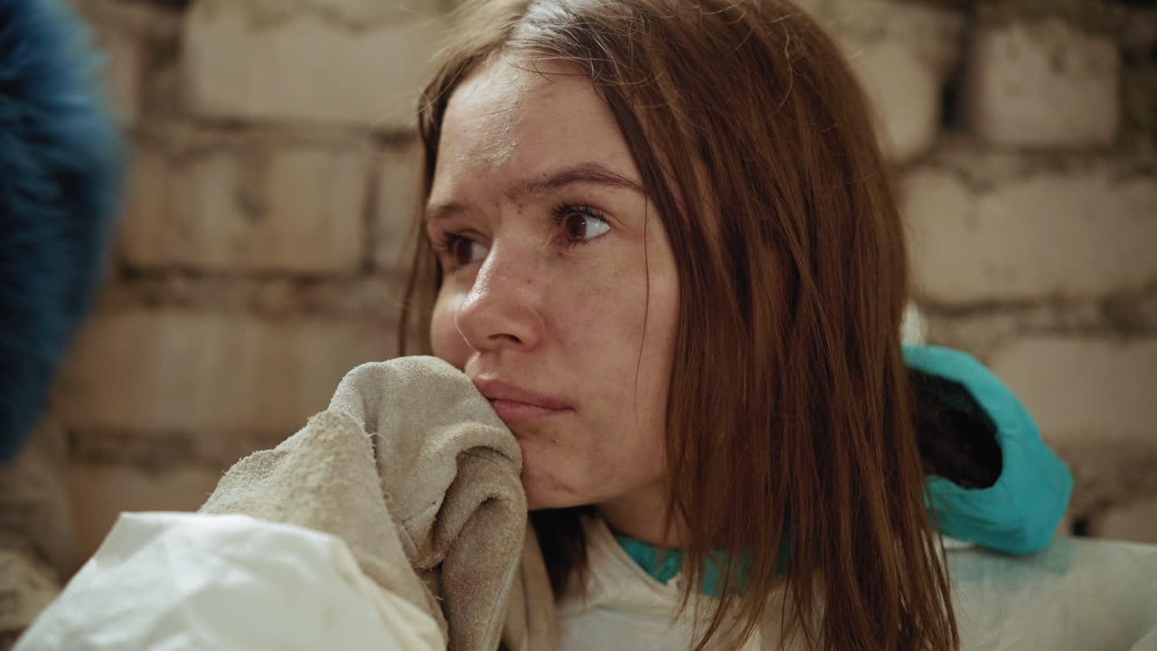 Tearful young woman with dirt-stained face leans on rolled fabric, eyes fixed in distance, her expression reveals exhaustion, emotional pain, and despair, likely shaped by trauma