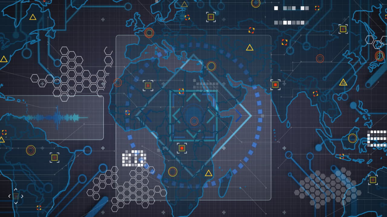 컴퓨터 회로판과 세계 지도에 대한 데이터 처리 애니메이션