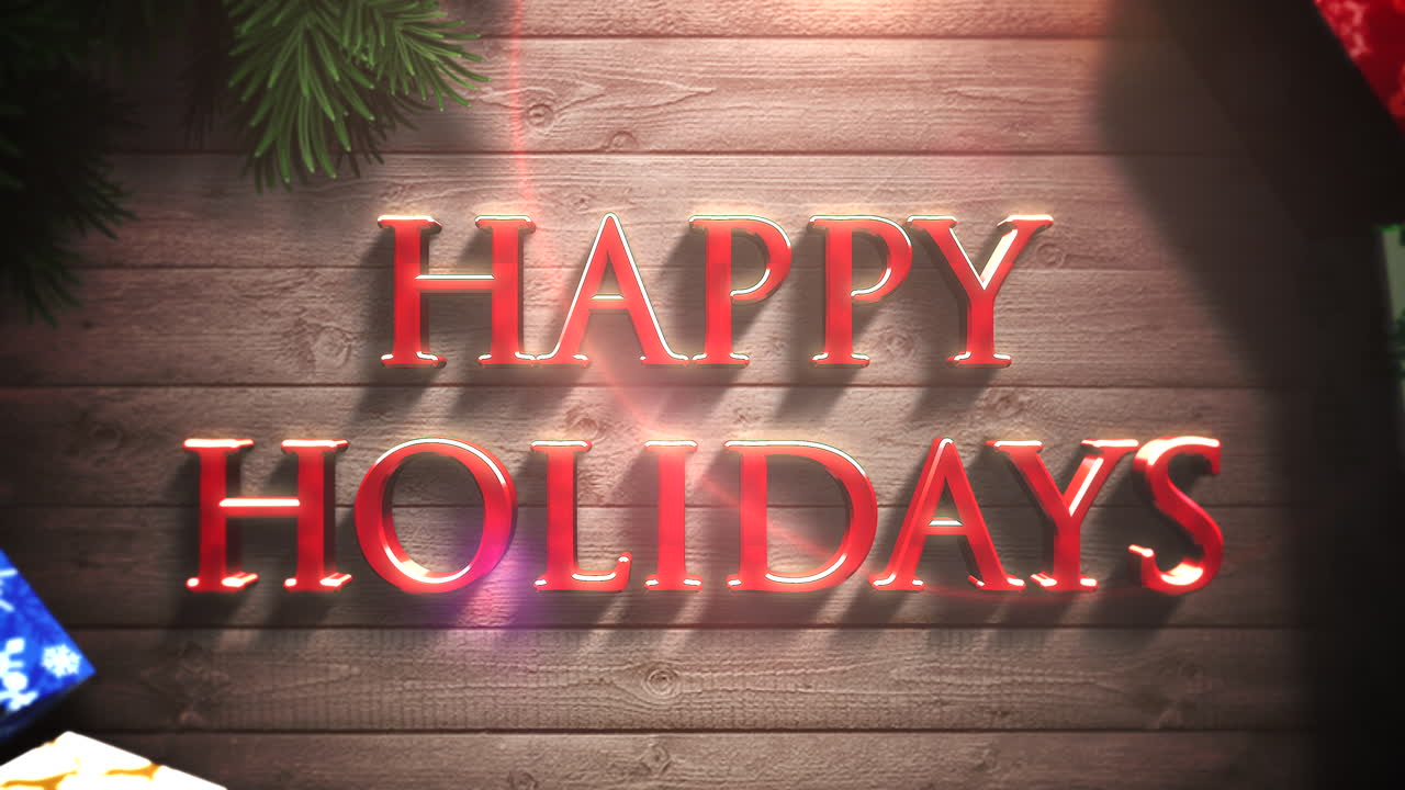 Happy Holidays text with gift boxes and green tree branches 2