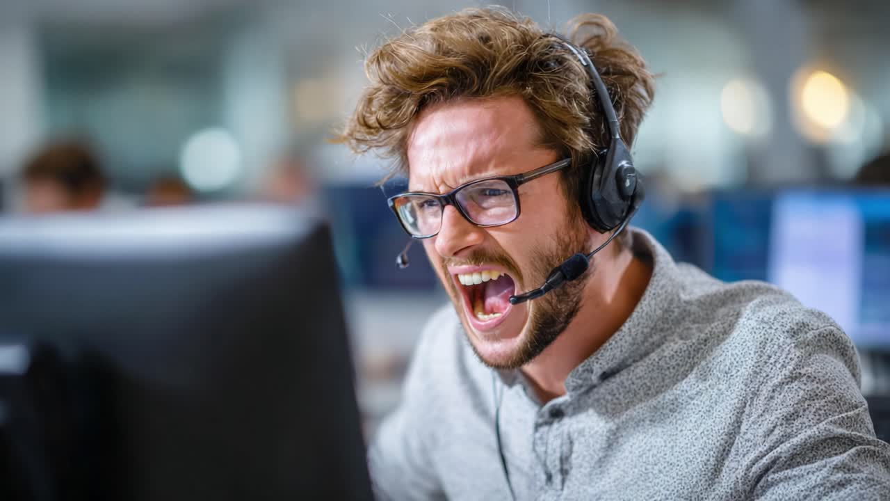 Intense Emotional Reaction of a Call Center Agent in a High-Pressure Situation, Displaying Frustration and Stress While Managing Customer Interactions in a Busy Office Environment