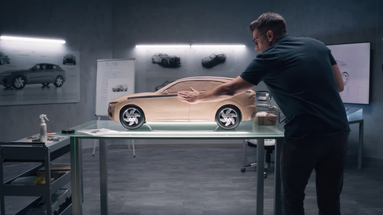 자동차 디자이너가 점토 자동차 모델을 작업하고 있습니다.