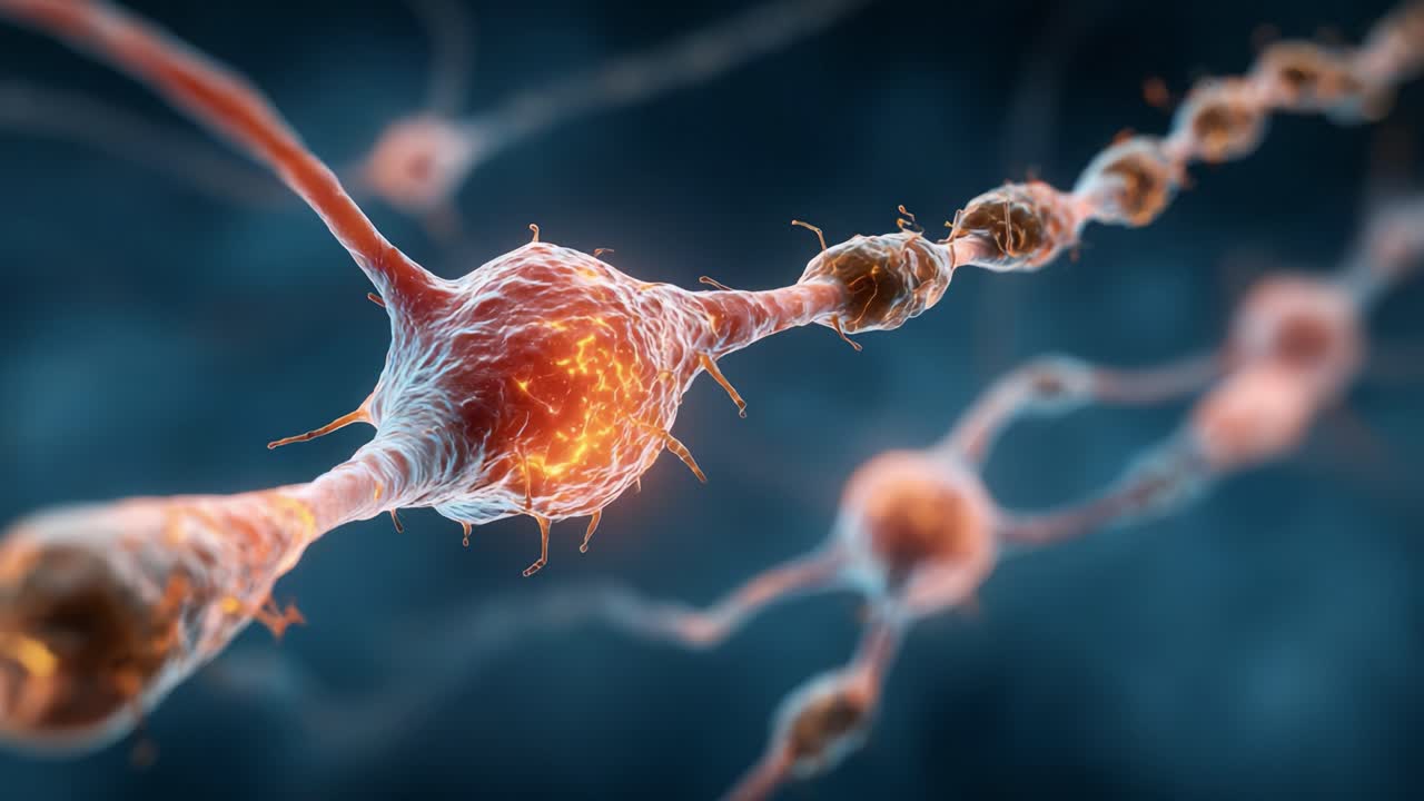 Vista ingrandita di neuroni che illustra le connessioni sinaptiche e la comunicazione neurale nel sistema nervoso, evidenziando strutture e interazioni cellulari.