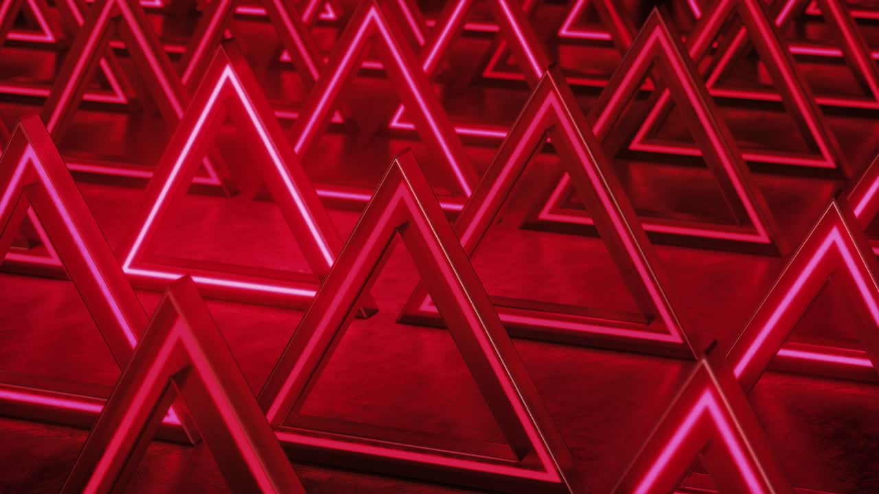 fondo abstracto triangular rojo. fondo de luces de neón. prismas triangulares de patrón. fondo geométrico abstracto de ciencia ficción. concepto futurista. parpadeos. bucle sin costuras, animación 3d en 4k