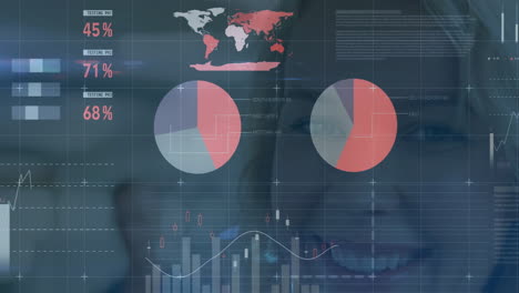 Análisis-De-Datos-Financieros,-Animación-Sobre-El-Rostro-Sonriente-De-Una-Empresaria-En-La-Oficina