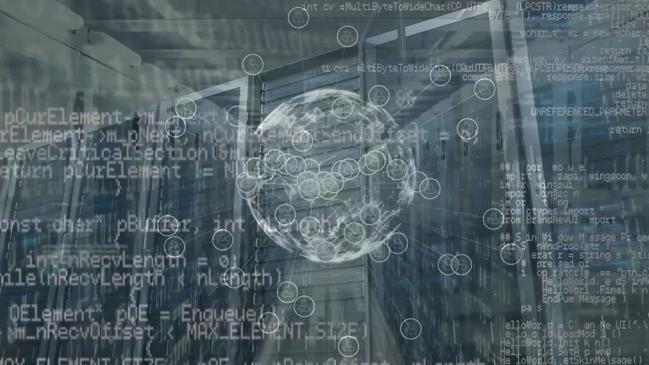 Animation of network of connections with icons and data processing over server room