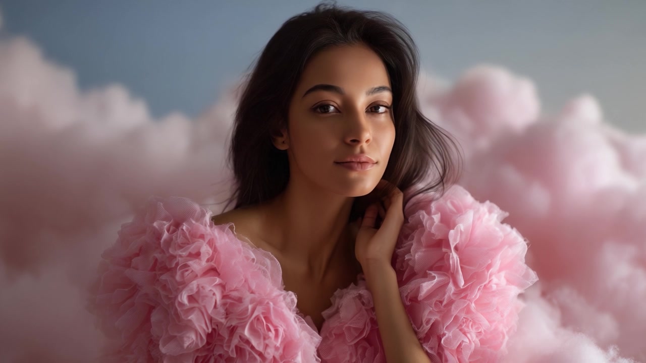 Un ritratto affascinante che presenta una modella adornata con un abito rosa vaporoso, circondata da nuvole soffici, catturando un'atmosfera sognante ed eterea.