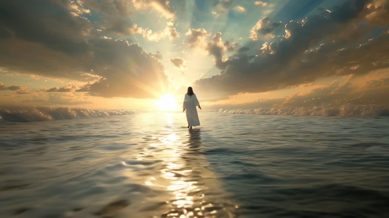 A serene video scene with a low-angle view of a person walking on water at sunset