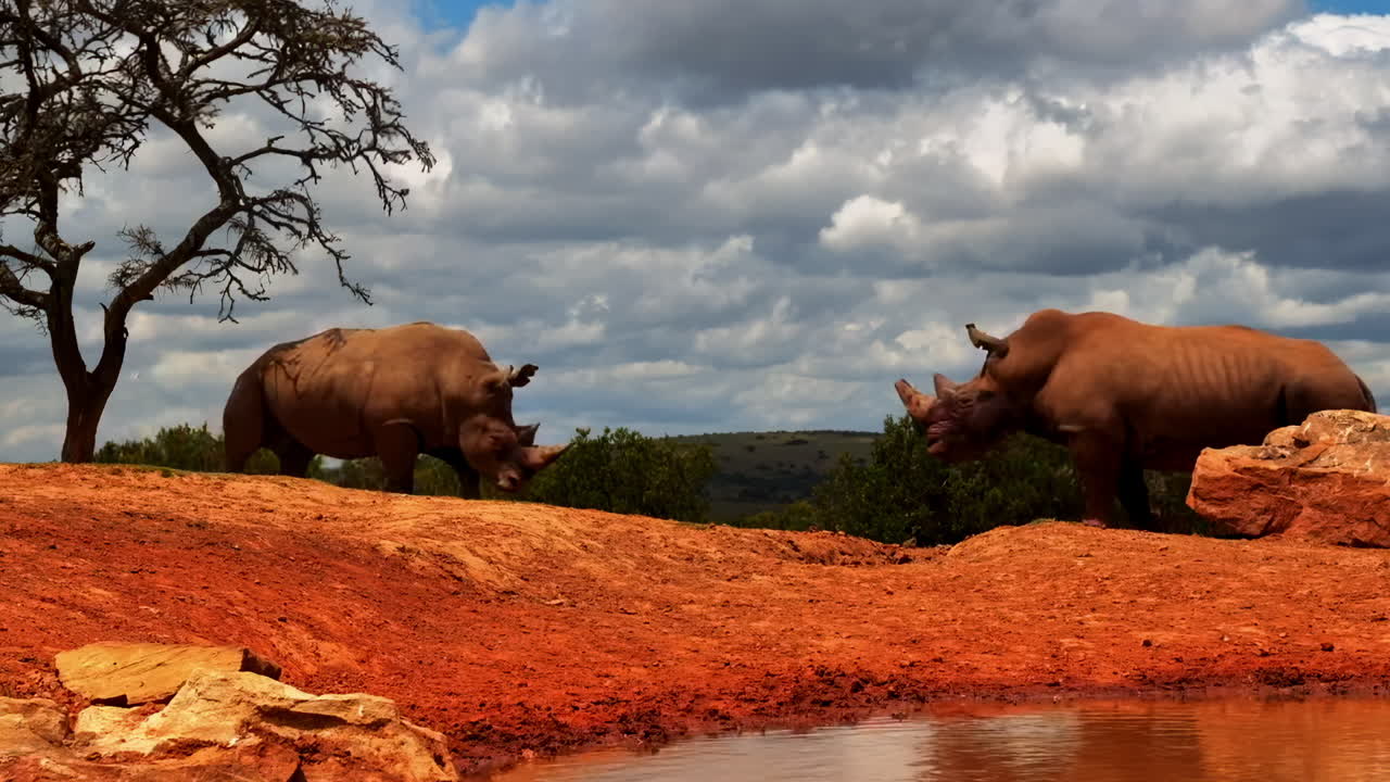 Two white rhinos challenge each other at a watering hole