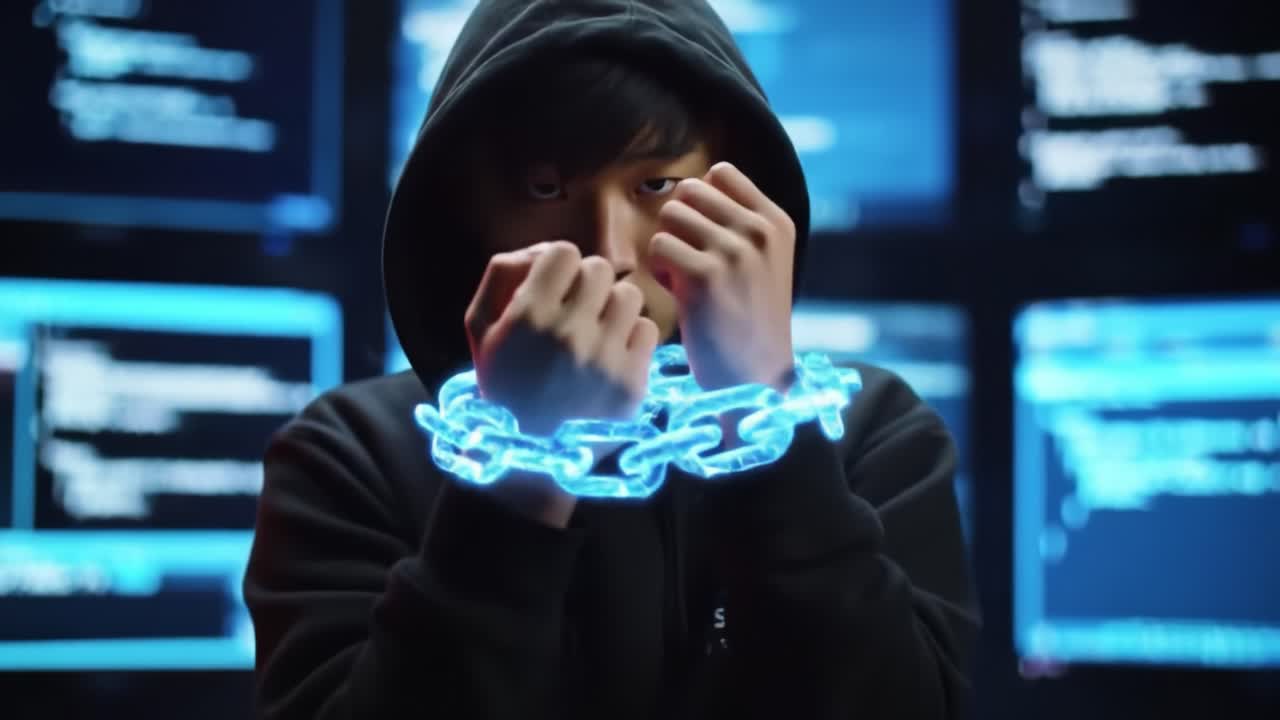 A young hacker in a dark hoodie grips glowing blue digital chains in front of multiple screens filled with code, symbolizing the balance between freedom and digital confinement