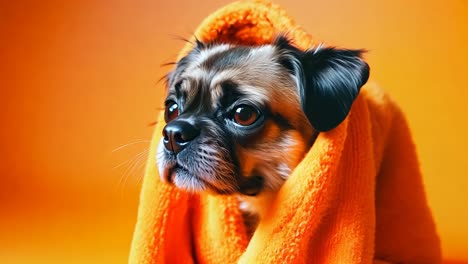 a small dog wrapped in a towel on a yellow background