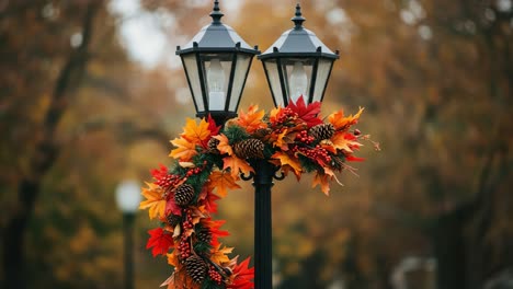 a beautiful autumn display featuring lanterns adorned with vibrant fall leaves and natural accents transforming a scenic outdoor space into a cozy atmosphere