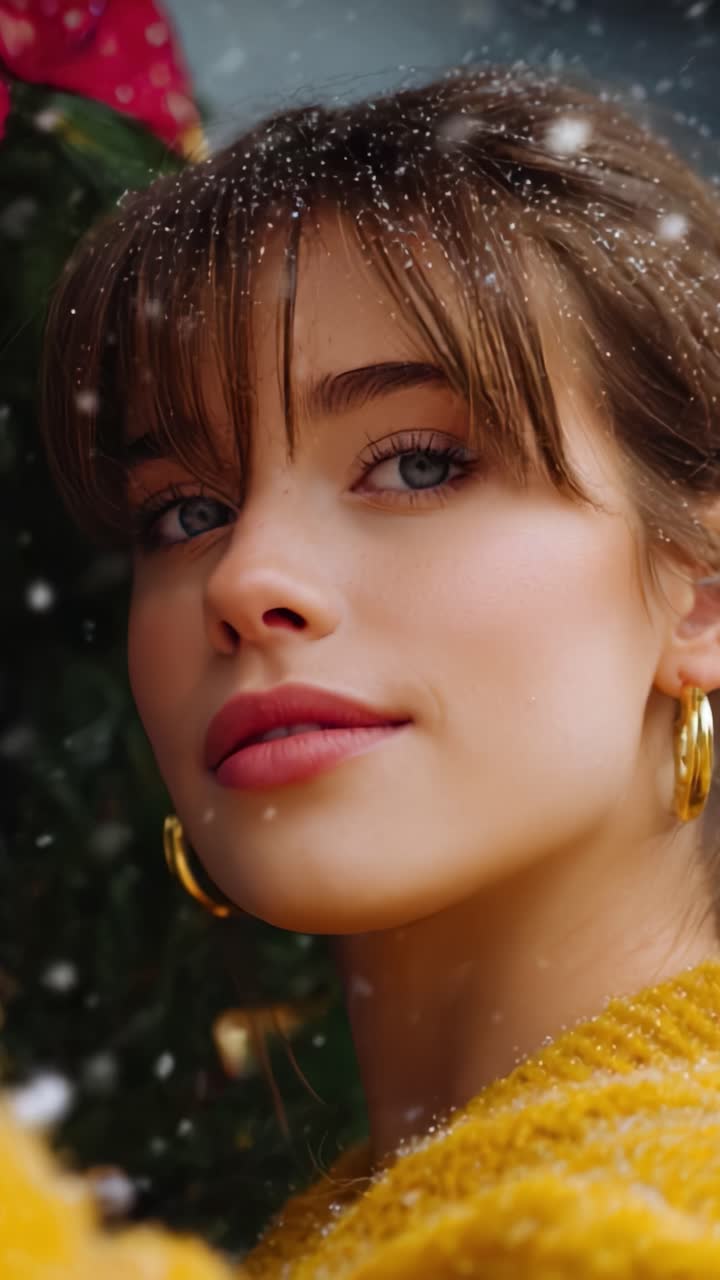 Un momento affascinante: una giovane donna con occhi scintillanti e un sorriso caloroso, avvolta in un comodo maglione giallo, circondata da un ambiente innevato e dall'allegria delle feste