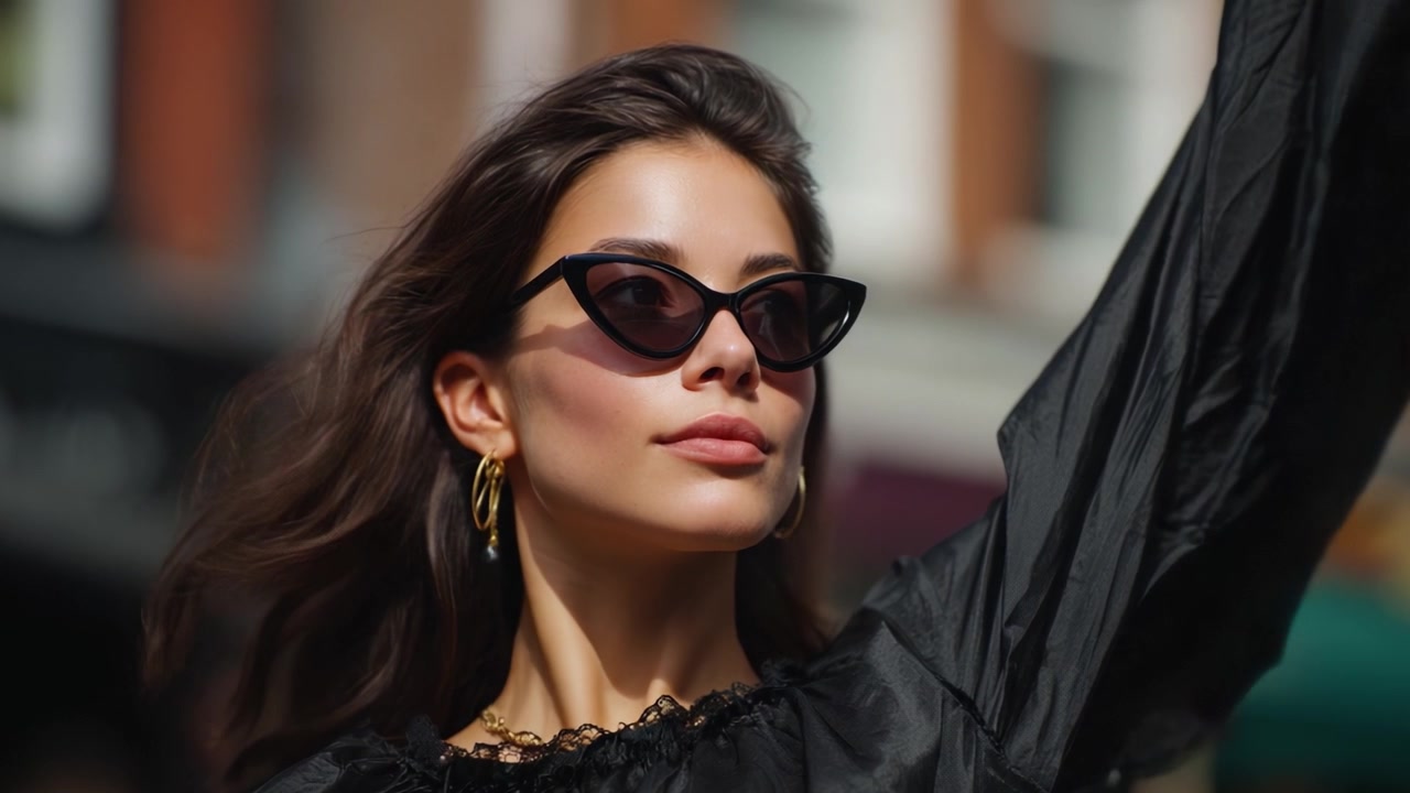 Selvsikker ung kvinde i solbriller poserer stilfuldt udendørs, udviser high fashion-vibes og ubesværet charme mod en levende urban baggrund