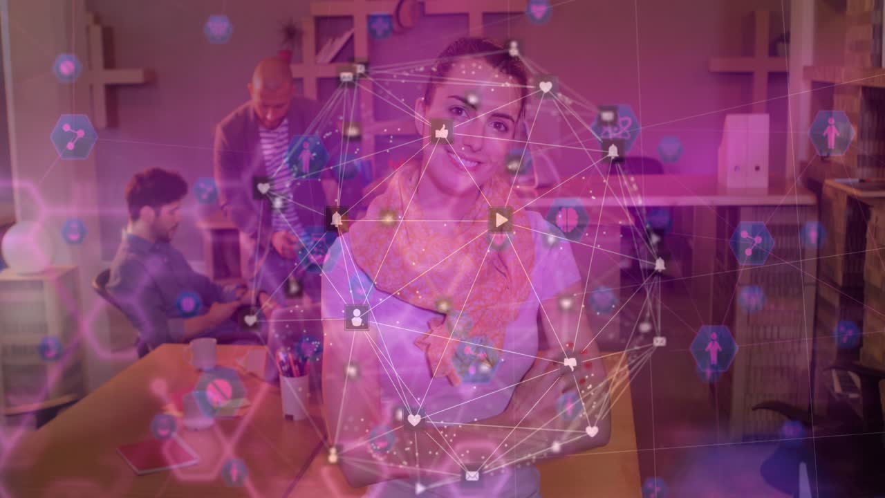 Network of connections over caucasian girl learning geography using globe at elementary school