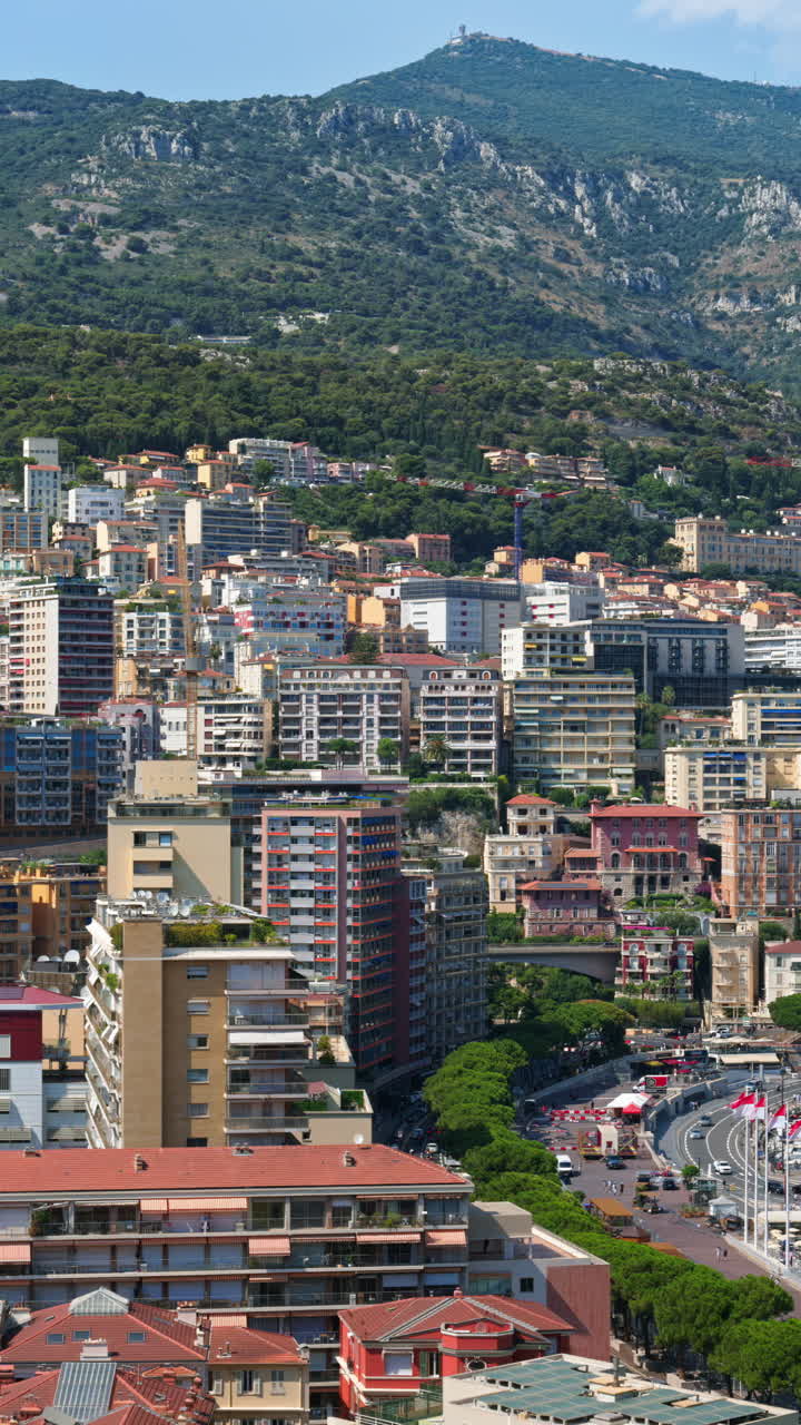 Aerial view of the skyline of Monaco in daylight. Vertical