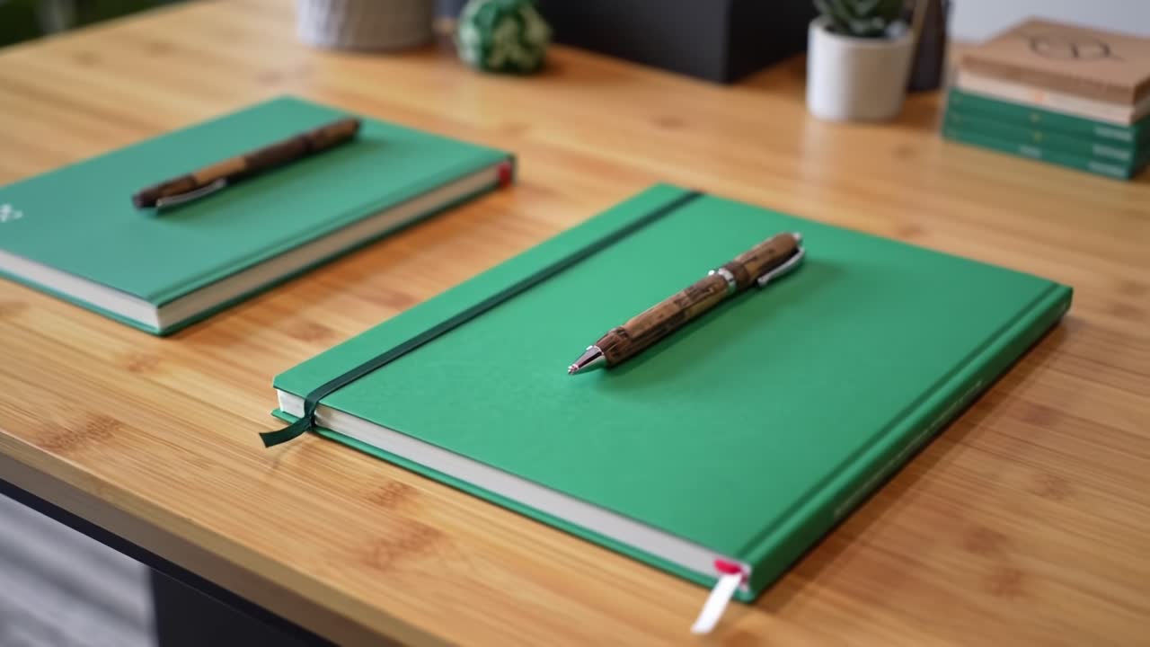 A beautifully organized workspace featuring green notebooks, a stylish pen, and decorative elements, ideal for enhancing creativity and productivity in any setting