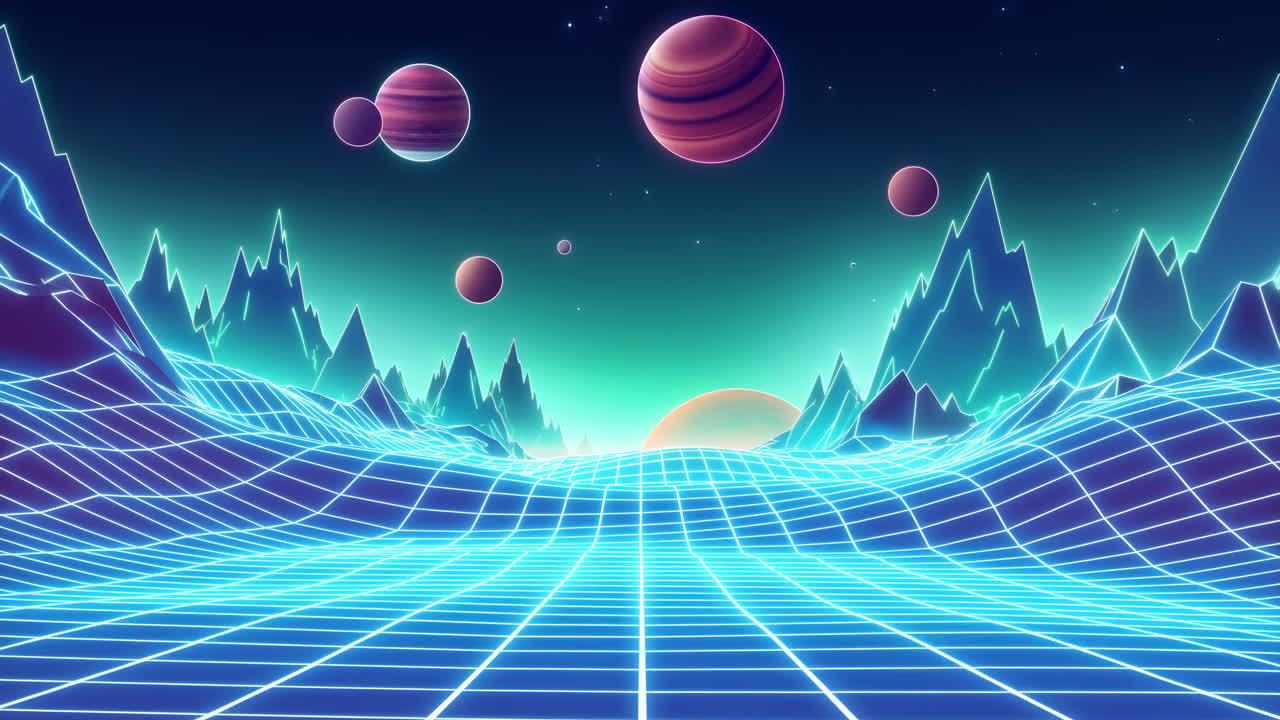 Paesaggio digitale Retro Synthwave con griglia al neon e pianeti