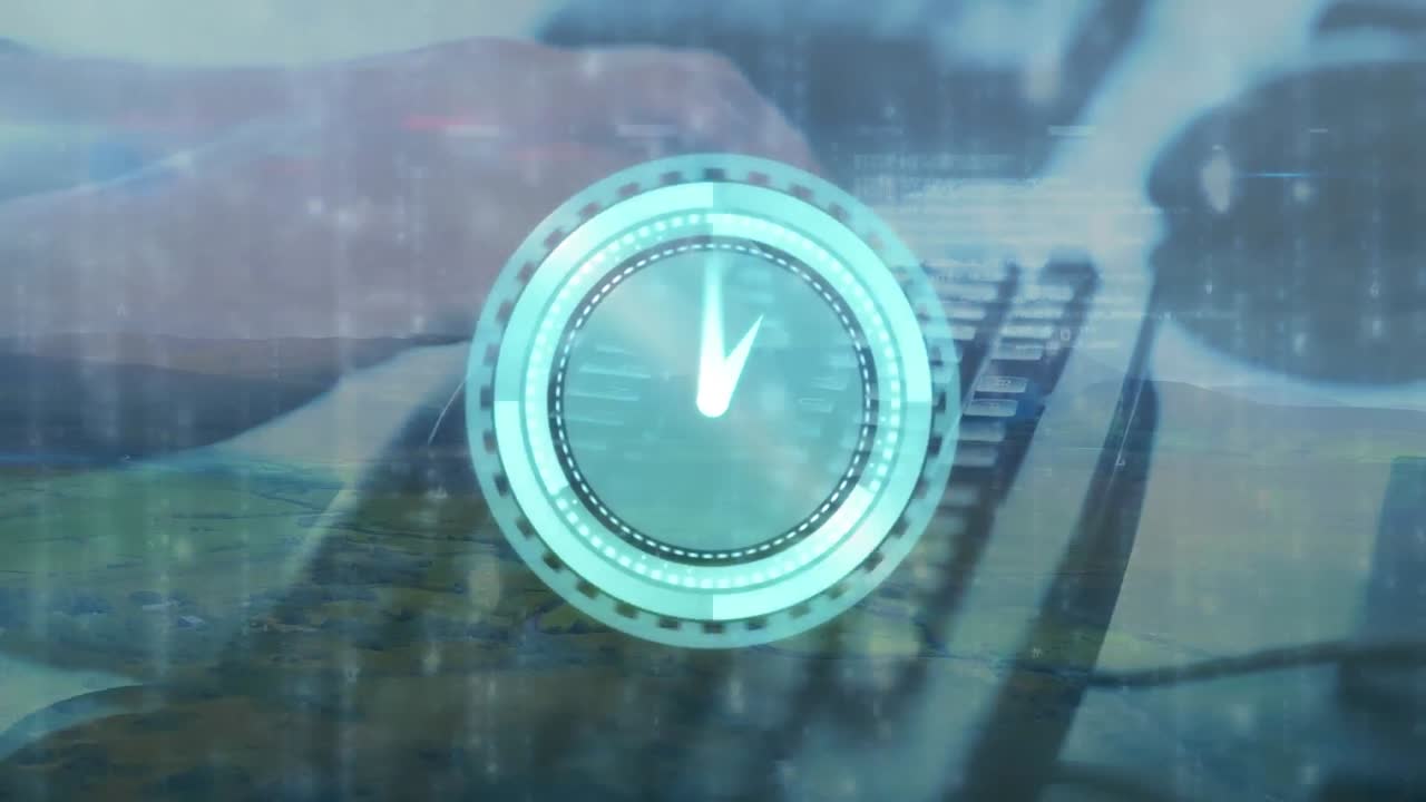 Animation of data processing and clock moving over hands using computer