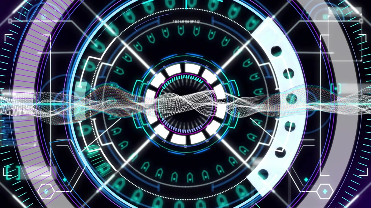 On data signal, HUD graphic evolving, rotating rings pulsing core, oscillating band for status