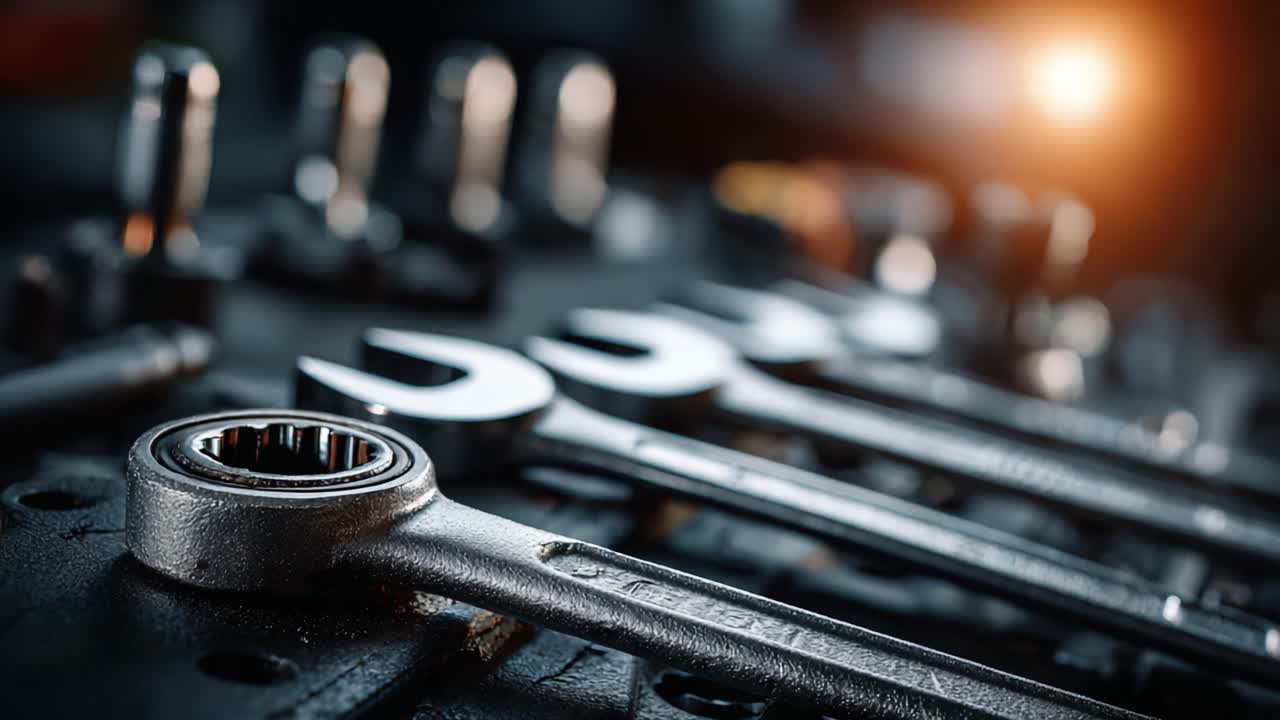 A Close-Up View of Professional Wrenches Highlighting Their Precision and Craftsmanship Against a Softly Lit Background in a Workshop Setting