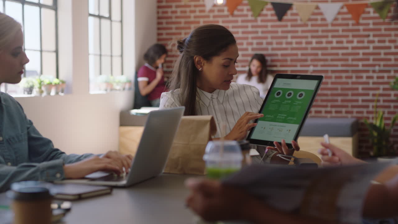 diverse business women meeting brainstorming team leader sharing creative ideas for startup project using tablet technology in modern office workplace presentation