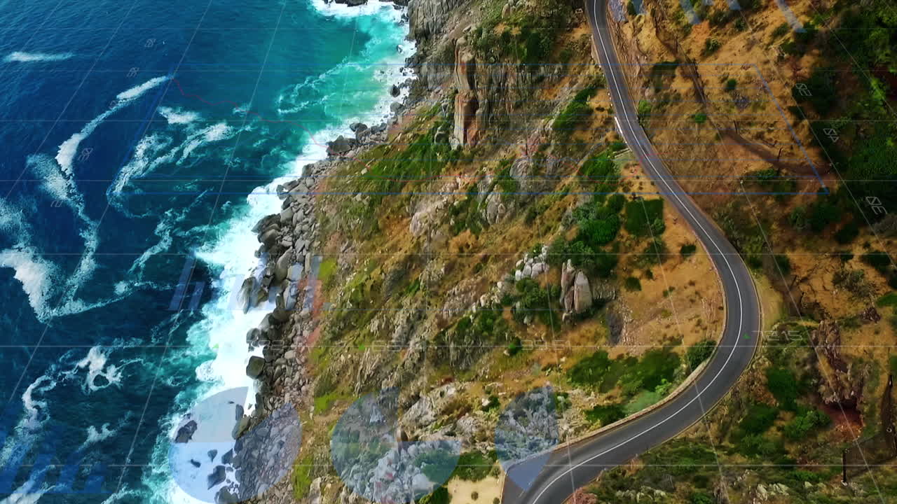 바다와 육지 위에서 금융 그래프와 데이터의 애니메이션