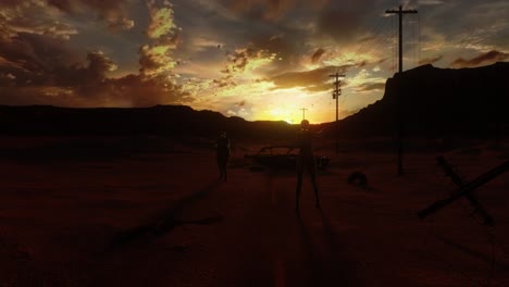 walking dead zombies hunting and attacking with flock of birds circling, skeleton on abandoned desert road at sunset, horrific glowing eyes scary scene