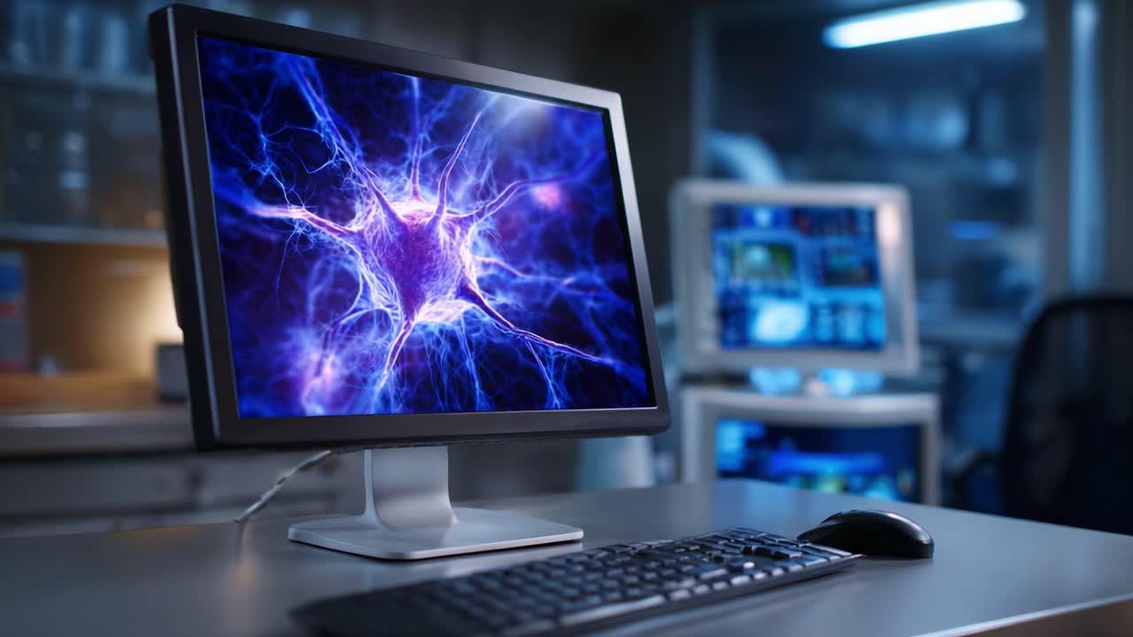 A high-tech computer workstation displays a vibrant visualization of a neuron, illustrating advanced scientific research and technological innovation in neuroscience