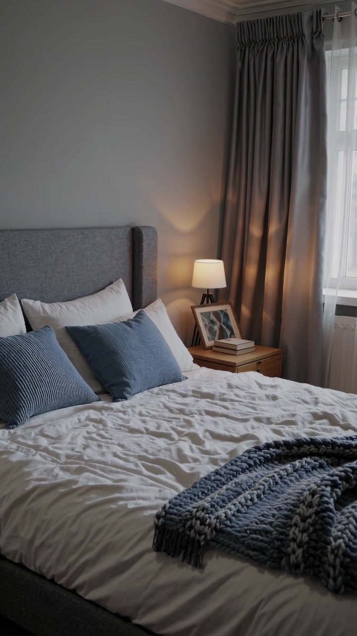 Acogedor interior de dormitorio con cama, almohadas y ventana