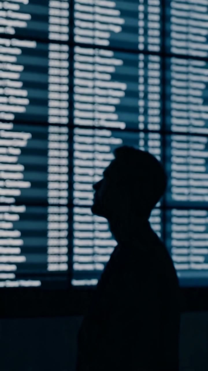 Si vede la sagoma di una persona che guarda un grande tabellone delle informazioni sui voli in quello che sembra essere un aeroporto o un ambiente d'ufficio. La scena è neutra e focalizzata, con una vista laterale