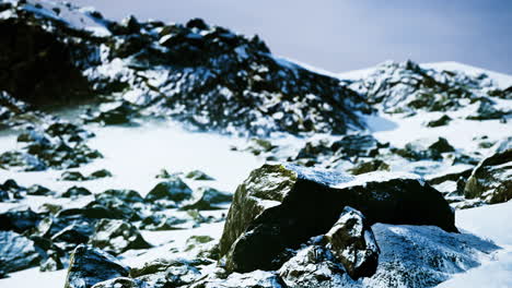 snowy landscape with rocky terrain during winter in a remote area