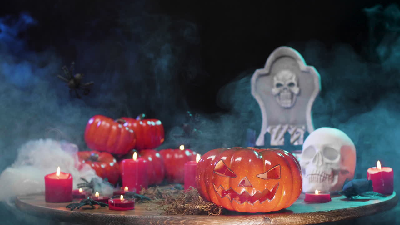 Spooky Halloween Still Life with Pumpkins, Candles, Skull, and Tombstone