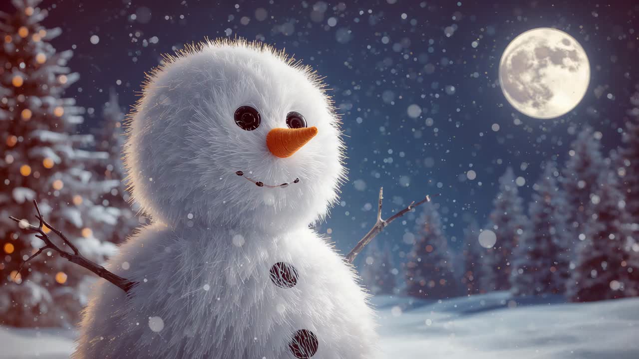 Camera initiating pullback to reveal twig-armed snowman in moonlit clearing, with lit pine