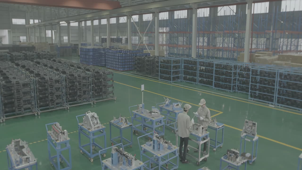 Industrial professional technical mechanic wearing uniform walking around car industry warehouse checking stock of used auto parts in factory plant