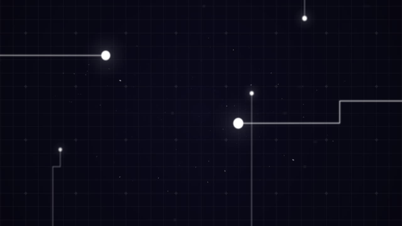 Animation of glowing white points with light trails forming grid on black background