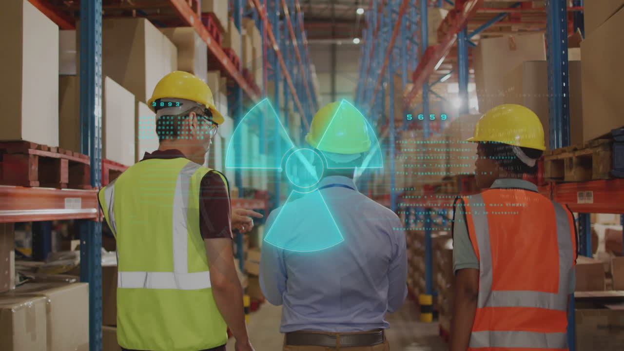 Discussing safety in warehouse, workers with digital animation of radiation symbol