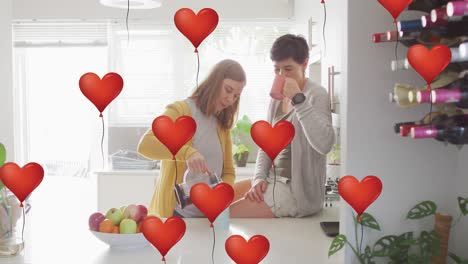 Animación-De-Emojis-De-Globos-De-Corazón-Sobre-Una-Feliz-Pareja-De-Mujeres-Caucásicas-Enamoradas-Tomando-Café