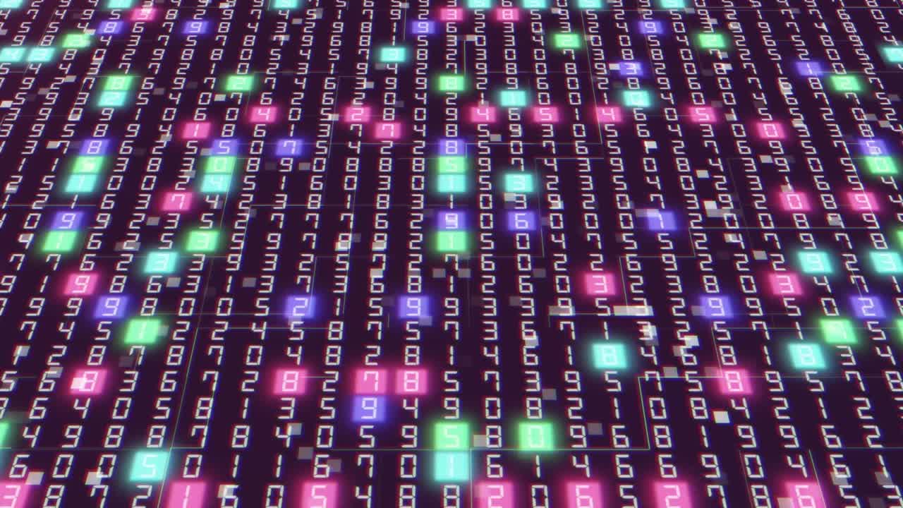 código digital de datos grandes hexadecimales con luz multicolor de neón al azar. procesamiento de datos. tecnología de la información futurista. conexión de red. 4k