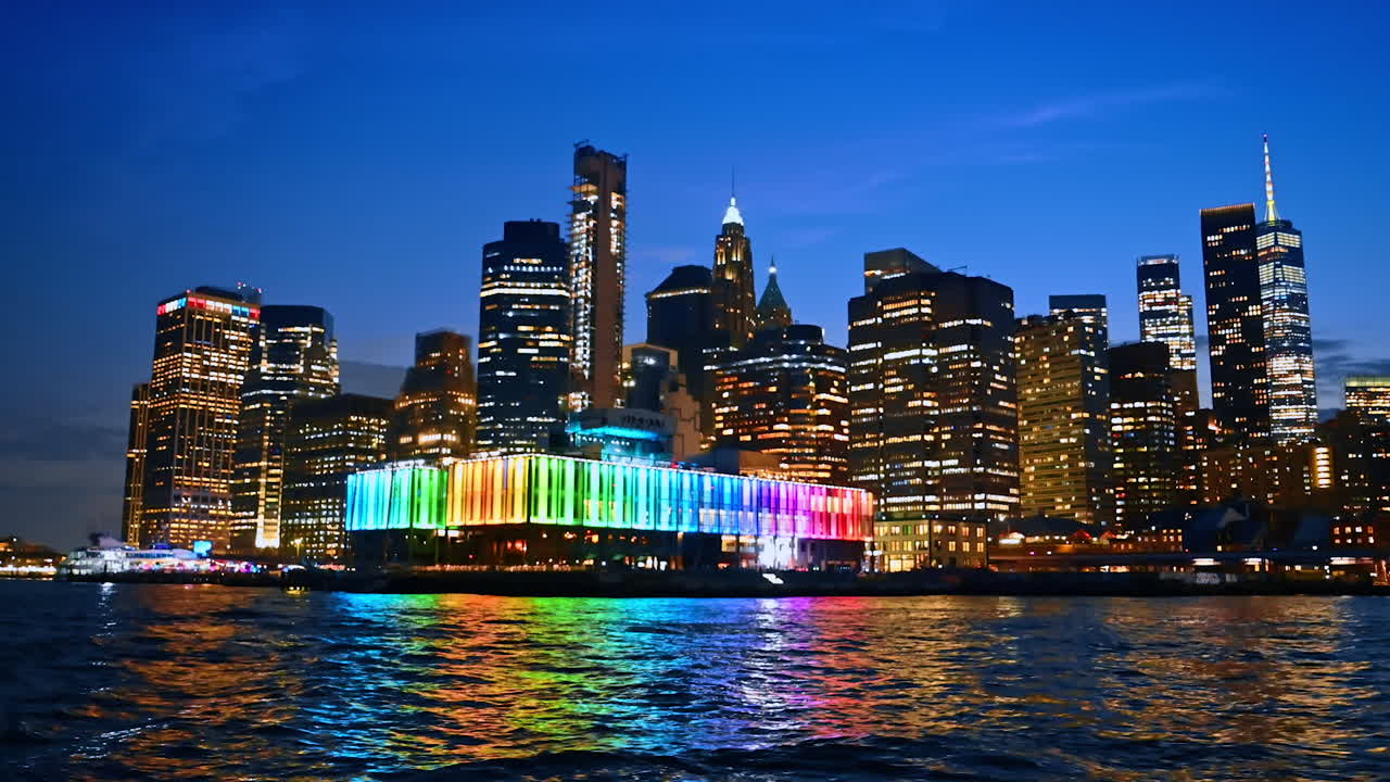 Rainbow illumination of the building at the river waterfront. Dazzling New York, USA at dusk time from the riverscape