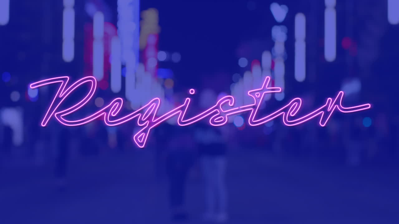 밤에 파란색 배경에 도시 풍경 위의 레지스터 텍스트의 애니메이션