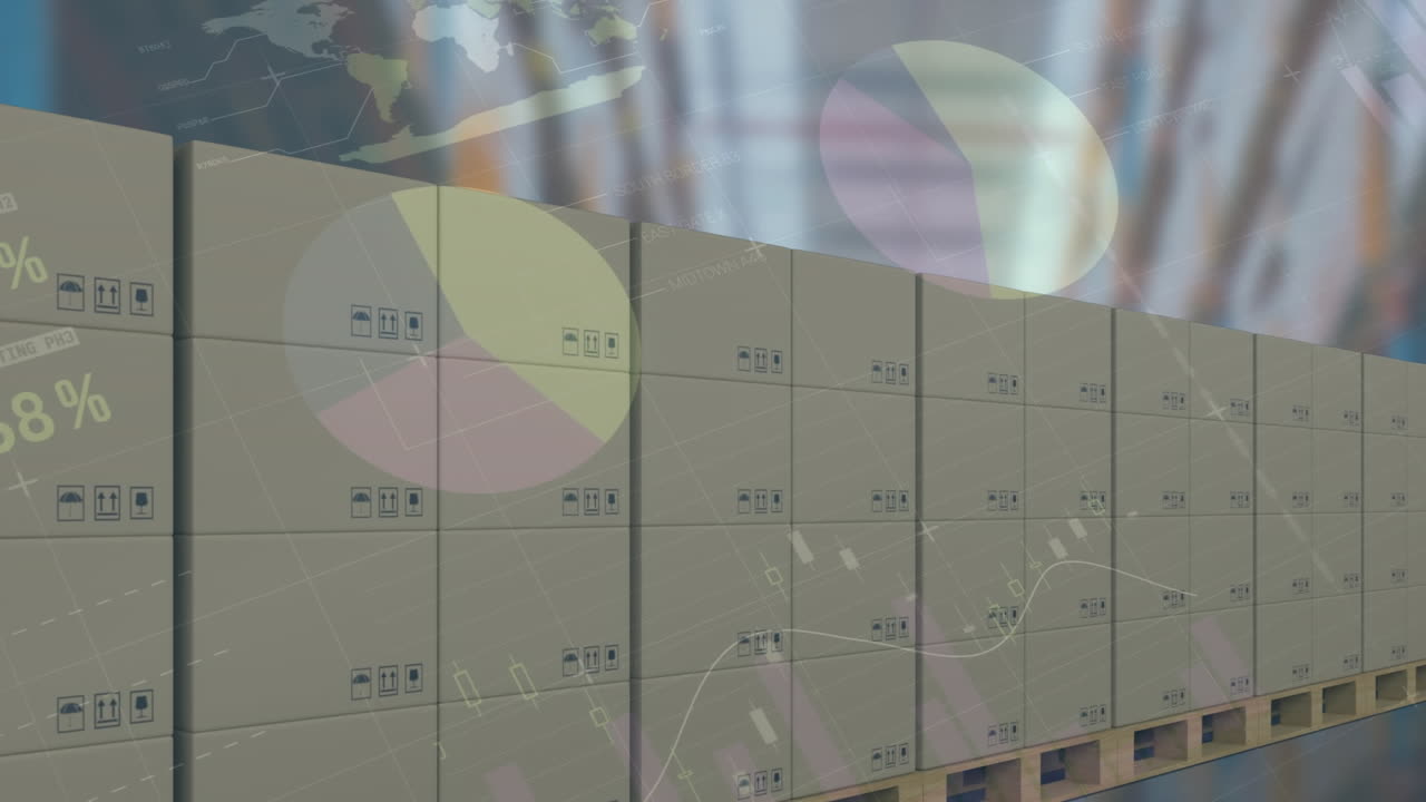 animación del procesamiento de estadísticas sobre cajas de cartón en cinta transportadora