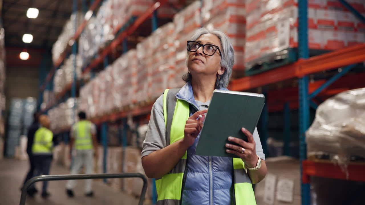 Donna matura che usa il tablet per la gestione dell'inventario in magazzino