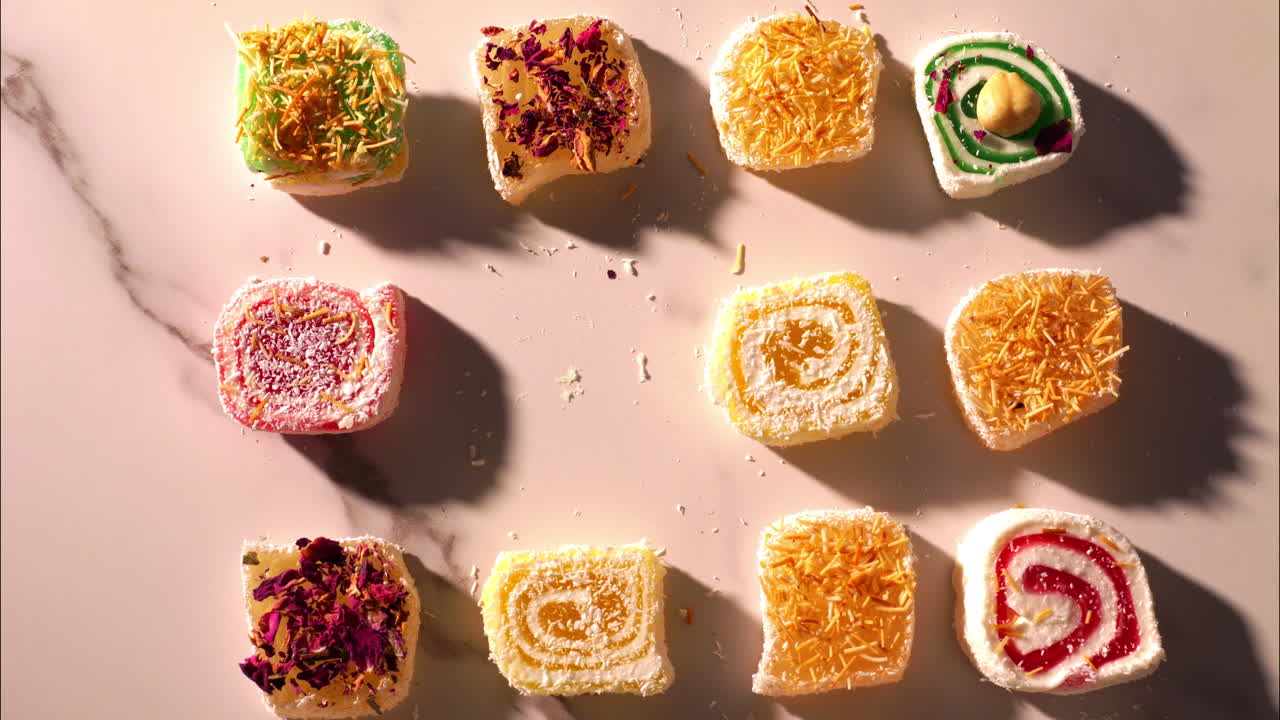 A hand reaches toward assorted Turkish delight cubes in various colors and toppings—rose petals, coconut, saffron, and pistachio—beautifully arranged on a white marble surface under soft light.
