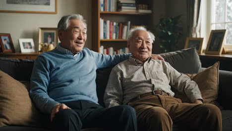 two elderly asian men relaxing and conversing on a couch