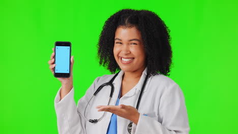 Face,-woman-and-doctor-with-phone-on-green-screen
